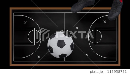 Person wearing soccer shoes standing on chalkboard with a soccer field drawn on it Person wearing soccer shoes standing on chalkboard with a soccer field drawn on it 115958751