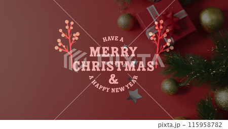 Holiday decor frames festive greeting for a merry Christmas and joyous New Year 115958782