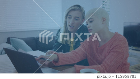 Caucasian/Biracial female friends are looking at laptop Caucasian/Biracial female friends are looking at laptop 115958783