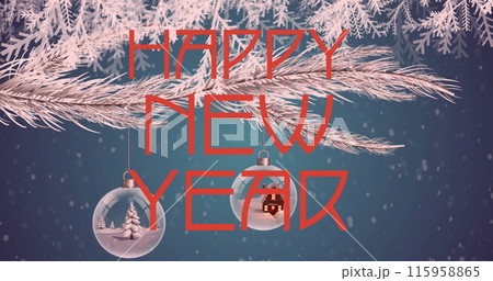 Snow-covered branches frame festive ornaments and cheerful Happy New Year message Snow-covered branches frame festive ornaments and cheerful Happy New Year message 115958865