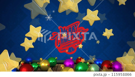 Colorful Christmas balls line up at bottom, Merry Christmas stamp in center 115958866