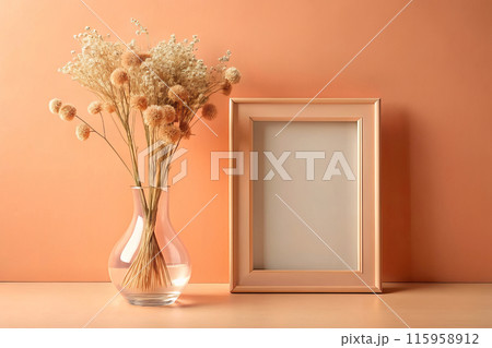 Wooden Frame Mockup on Table with Wall Background in Pantone Color 13-1023 Peach Fuzz with Dried Flower Decor Wooden Frame Mockup on Table with Wall Background in Pantone Color 13-1023 Peach Fuzz with Dried Flower Decor 115958912