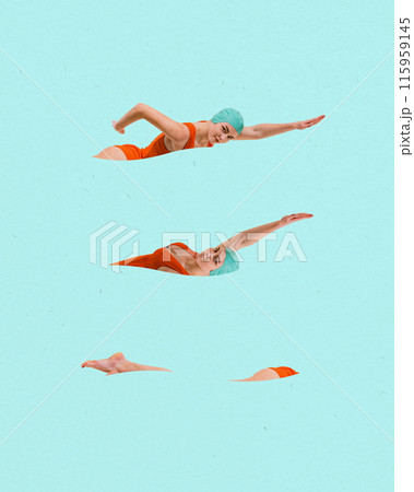 Poster. Contemporary art collage. woman in orange swimsuit and green swim cap performing swimming styles against cyan background, as water. 115959145