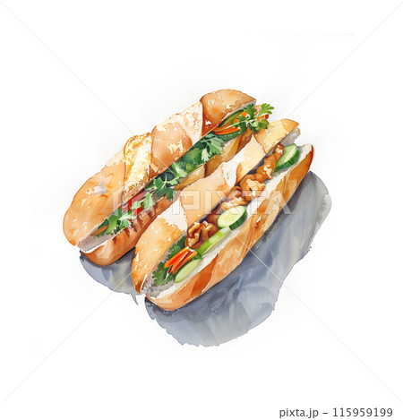 白背景にチキンと野菜のバインミーの水彩イラスト 115959199