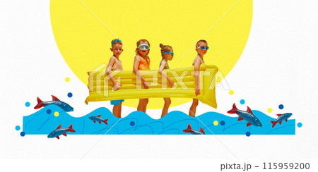 Poster. Contemporary art collage. Kids with swimming masks hold yellow float, standing in stylized blue waves under big yellow sun. 115959200