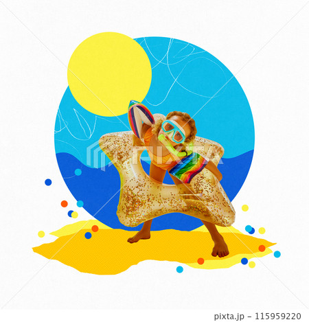 Poster. Contemporary art collage. Funny little girl in diving mask and inflatable circle posing against abstract colorful background of beach. 115959220