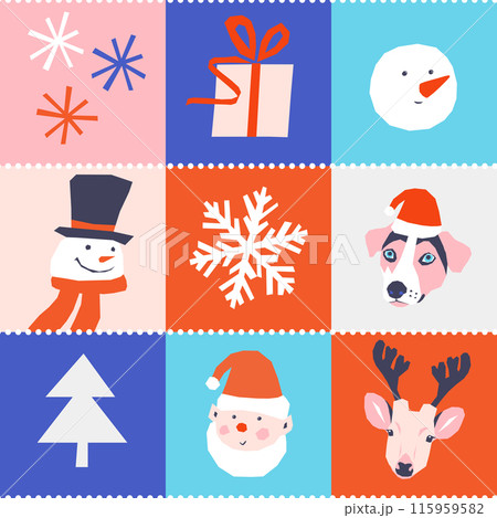 Vector seamless pattern with Christmas snowmen, elves, deer and dogs 115959582