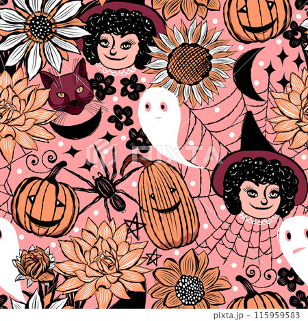 Vector seamless pattern on a Halloween theme with pumpkins, cobwebs with spiders and seasonal flowers, as well as ghosts, and a witch with her cat 115959583