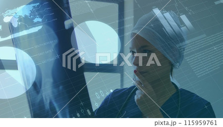 Image of data processing over caucasian female doctor 115959761
