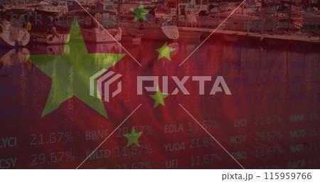 Image of financial data processing and flag of china over landscape 115959766