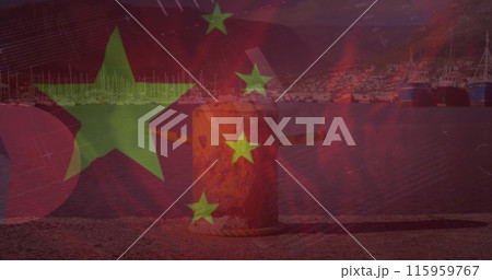 Image of financial data processing and flag of china over landscape 115959767