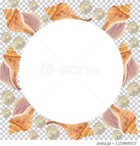 Shell and pearls watercolor round frame isolated on white. High quality hand-drawn illustration for notebooks, cards, posters, restaurant menu, souvenirs, stickers, tourism ads, dishes, room decor Shell and pearls watercolor round frame isolated on white. High quality hand-drawn illustration for notebooks, cards, posters, restaurant menu, souvenirs, stickers, tourism ads, dishes, room decor 115960017
