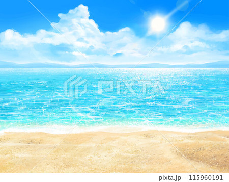 夏の砂浜ー太陽と雲のある青い空と海の美しいリゾートビーチフレームイラスト背景素材 夏の砂浜ー太陽と雲のある青い空と海の美しいリゾートビーチフレームイラスト背景素材 115960191