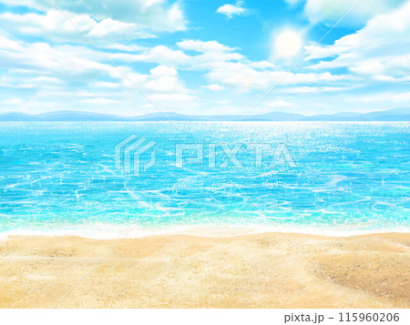夏の砂浜ー太陽と雲のある青い空と海の美しいリゾートビーチフレームイラスト背景素材 夏の砂浜ー太陽と雲のある青い空と海の美しいリゾートビーチフレームイラスト背景素材 115960206
