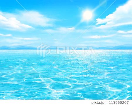 夏の海と輝く太陽ー雲のある青い空と海の美しい夏のビーチフレームイラスト素材 夏の海と輝く太陽ー雲のある青い空と海の美しい夏のビーチフレームイラスト素材 115960207