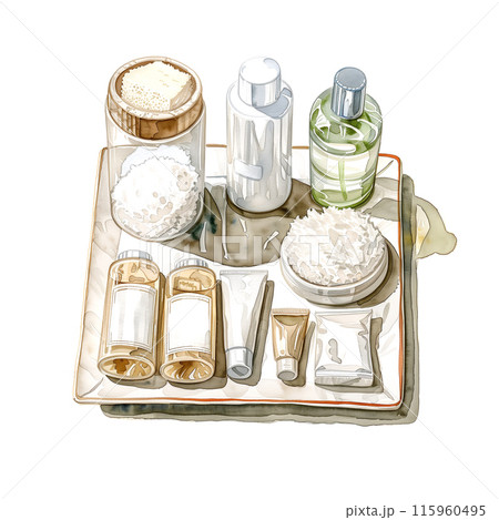 白背景に色々な種類のアメニティの水彩イラスト 115960495
