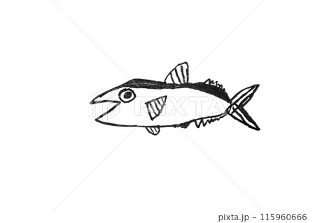 魚が笑う。優しい子供が描いたカツオかマグロの絵。子供の気持ちが絵に