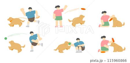 Couple Man and woman with dog jogging and playing frisbee and ball outside. lifestyle and recreation in park. flat cartoon design minimal vector illustration isolated on white background 115960866
