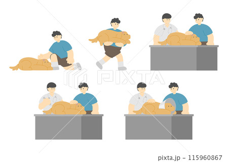 Man with sick dog at Pet clinic and doctor. flat cartoon design minimal vector illustration isolated on white background 115960867