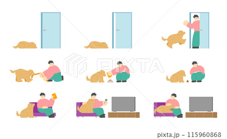 Man with dog at home playing, poop, eating food and watching TV. cozy lifestyle. flat cartoon design minimal vector illustration isolated on white background 115960868