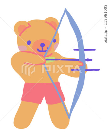 アーチェリーをしている可愛いクマが短パンをはいているイラスト 115961005