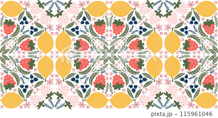 Cheerful seamless pattern featuring illustrations of raspberries, lemons, white strawberries, blackberries, pink flowers, and green leaves, arranged in a kaleidoscope-like design. Modern, organic 115961046