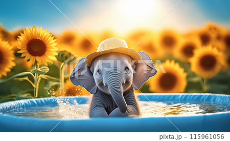 青空の下　ヒマワリと帽子をかぶった子供の象の水浴び　夏のイメージ 115961056
