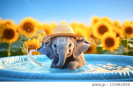 青空の下　ヒマワリと帽子をかぶった子供の象の水浴び　夏のイメージ 115961058
