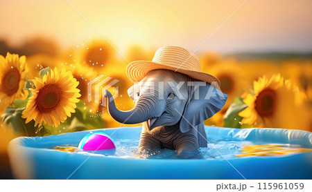 ヒマワリと帽子をかぶった子供の象の水浴び　夏のイメージ 115961059