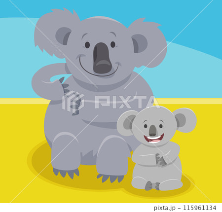 funny cartoon koala mom and baby animal characters 115961134