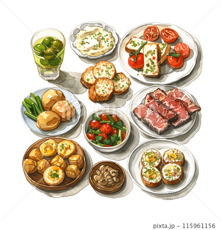 白背景に色々な種類のフィンガーフードの水彩イラスト 白背景に色々な種類のフィンガーフードの水彩イラスト 115961156