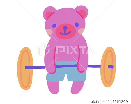 バーベルを持った可愛いクマが短パンをはいているイラスト 115961269