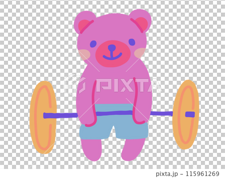 バーベルを持った可愛いクマが短パンをはいているイラスト 115961269