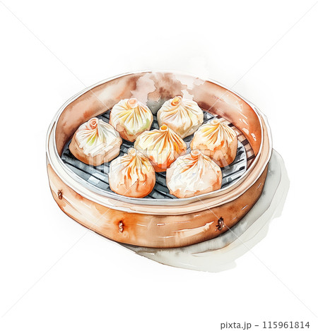 白背景に蒸篭に入った小籠包の水彩イラスト 115961814