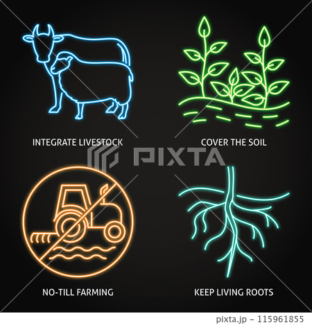 Regenerative agriculture principles neon icon set 115961855