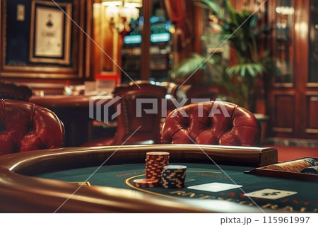 Casino roulette table with chips and leather armchair in casino 115961997