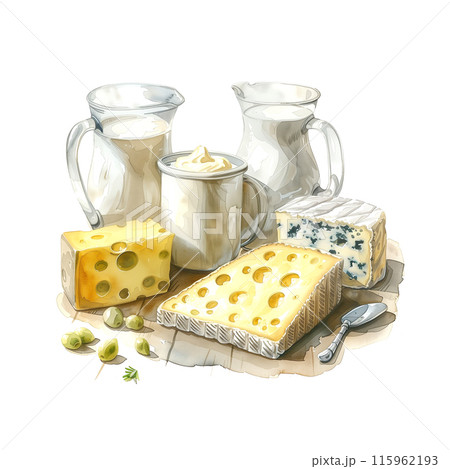 白背景に乳製品の水彩イラスト 115962193