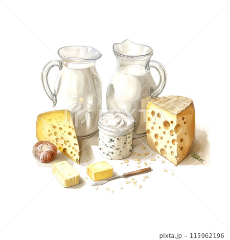 白背景に乳製品の水彩イラスト 115962196