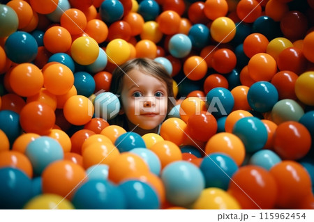 Happy children playing and having fun at kindergarten with colorful pool balls. A lot of colorful pool balls. Blue, red and orange colors. Generated AI 115962454