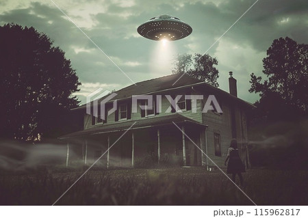 Abandoned house in the forest and UFO flying saucer. 115962817