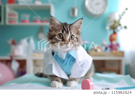 Cute cat with doctor in clinic on blurred background, closeup 115962824