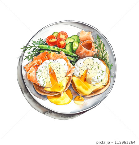 白背景にスモークサーモンのエッグベネディクトランチプレートの水彩イラスト 白背景にスモークサーモンのエッグベネディクトランチプレートの水彩イラスト 115963264