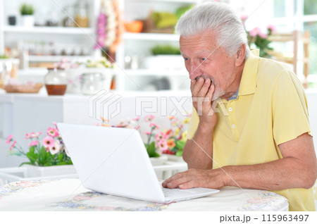 Portrait of senior man with laptop at home Portrait of senior man with laptop at home 115963497