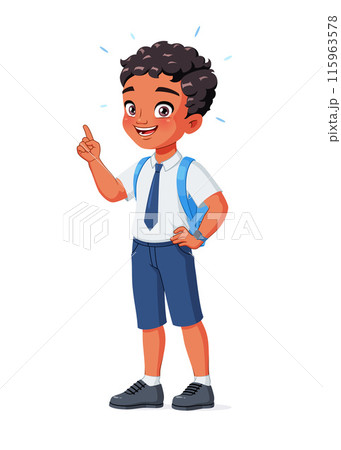 Smart little Indian school boy with index finger pointing up with idea. Cartoon vector illustration. 115963578
