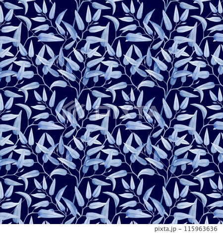 Pattern of blue eucalyptus smilax branches on a navy blue background.  115963636