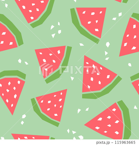 Watermelon cartoon seamless pattern. Tropical fruits background isolated on green. Watermelon slice with white seeds and abstract element geometric print for fabric, paper, design. Vector illustration 115963665