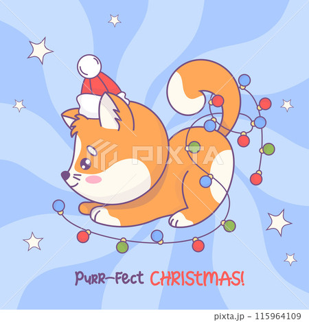 Christmas cat in winter hat with festive garland. Cartoon funny kawaii animal character. New Year card. Vector illustration. Kids collection. 115964109