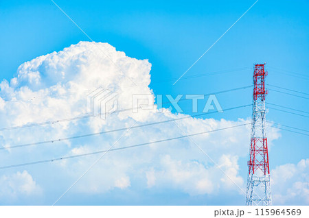 鉄塔と送電線にかかる夏の入道雲 115964569