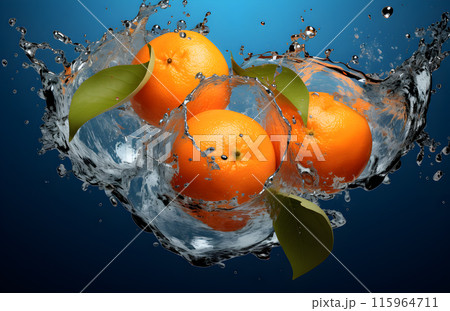 Orange juice, orange water splash, blue background 115964711