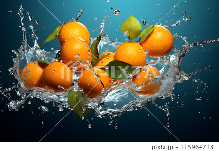 Orange juice, orange water splash, blue background 115964713